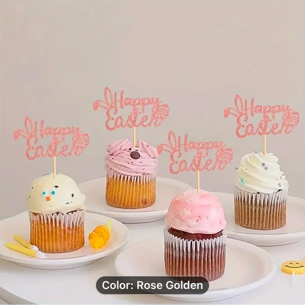 Rose Golden Happy Easter Cupcake Toppers